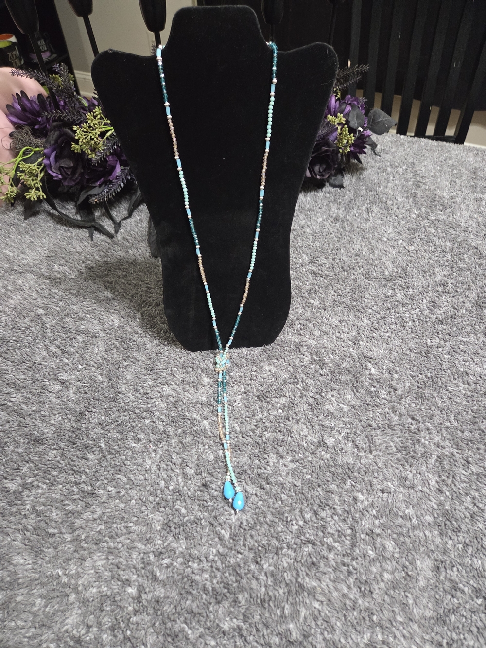Beaded Lariat Necklace - Turquoise & Silver